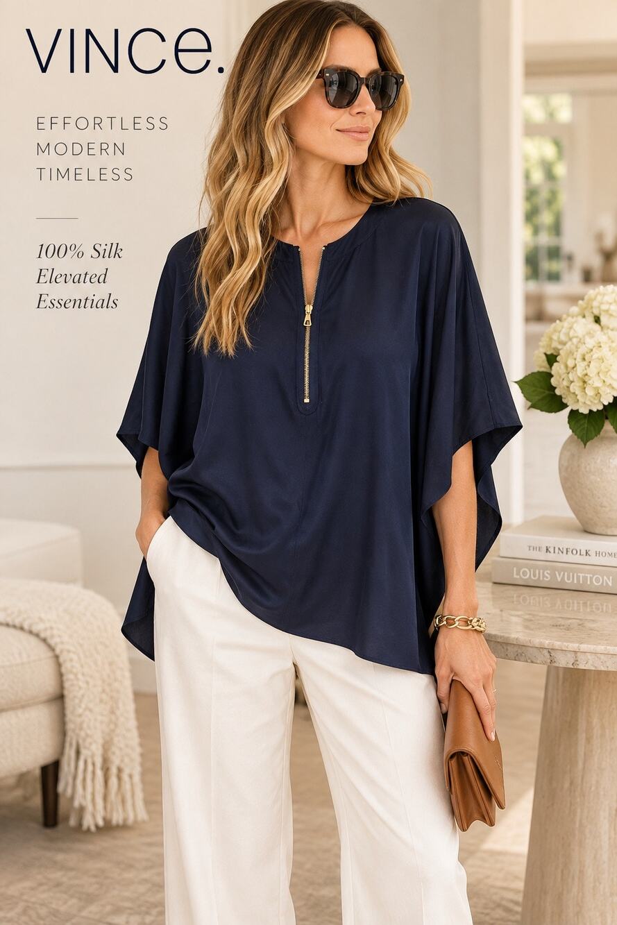 Quiet Luxury Minimalist Silk Poncho Blouse Oversized Vince Navy 1/4 Zip Top S